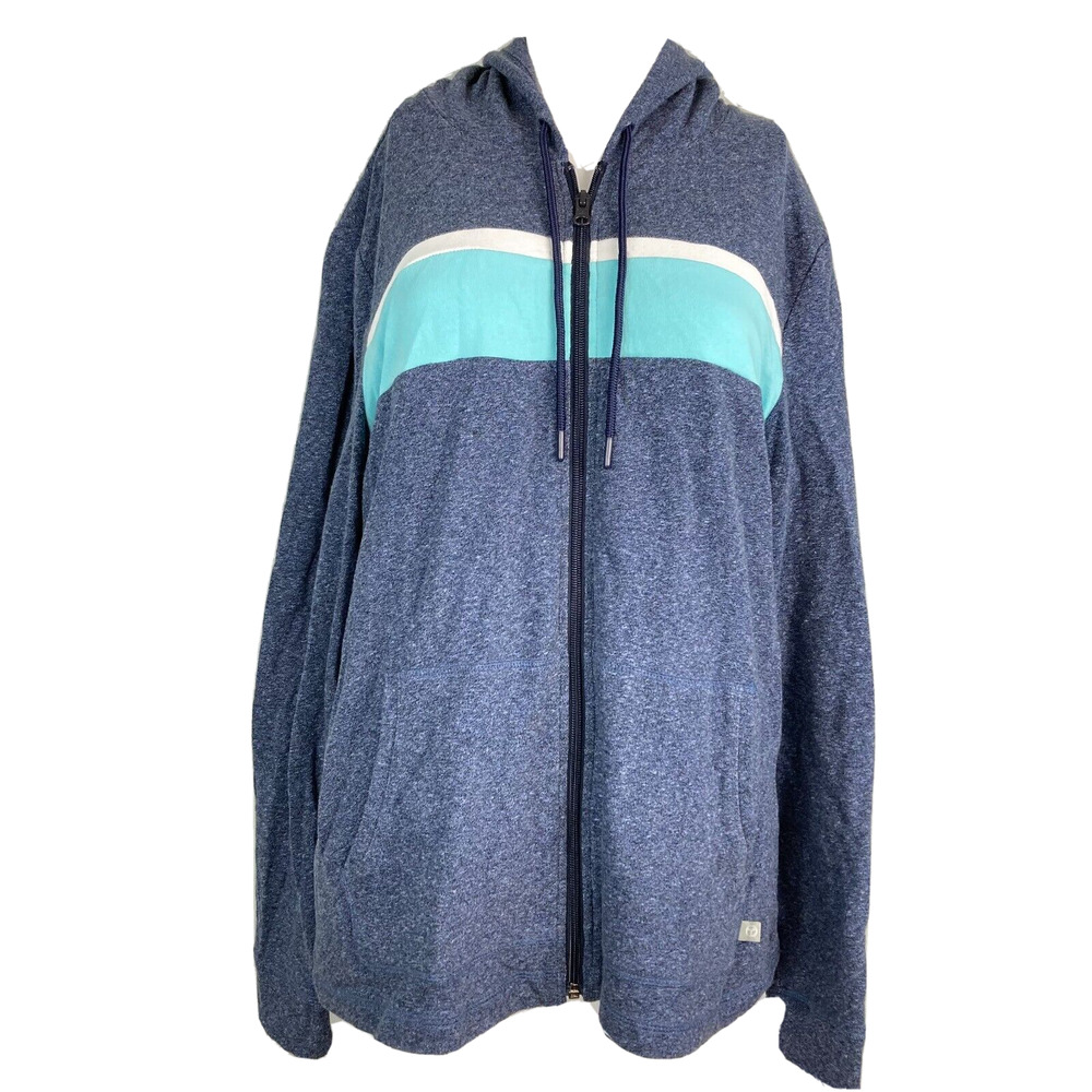 T by Talbots Sweatshirt Hoodie Womens Sz L Blue Striped Full Zip Stretch Pockets